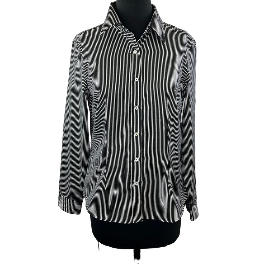 J. Mclaughlin Black White Shirt Cotton Stripe Silk Trim Cuff Collar Button-Up 6?